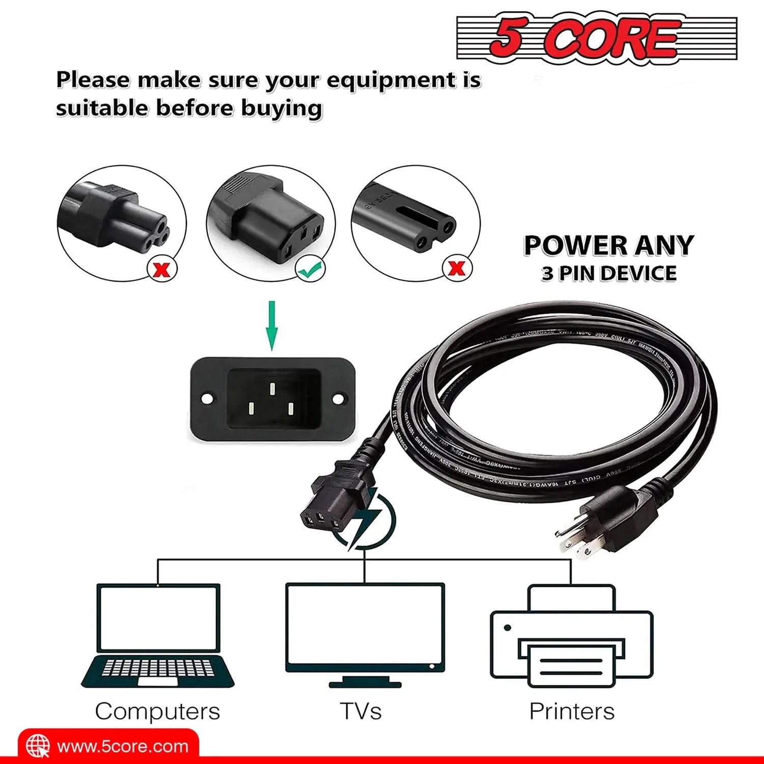 5Core AC Power Extension Cord 10Ft 3 Prong Adapter 16AWG/2C 125V 13A US Male to Female